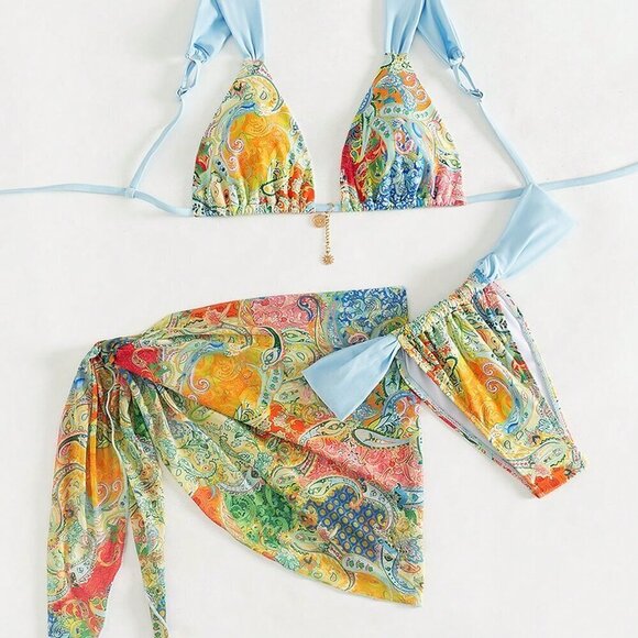 Multicolor Boho Women's Paisley Print Lightweight 3-Piece Bikini Set - Picture 6 of 6